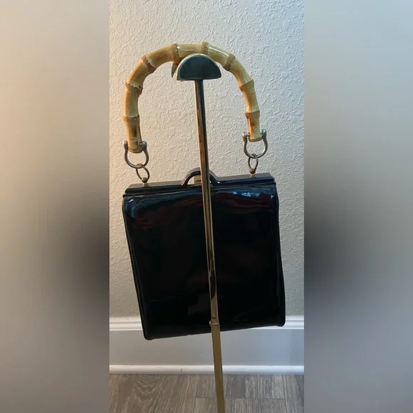 Vintage Evening Black Patent Vinyl Top Handle Handbag Purse, Bamboo Handle - Picture 5 of 11